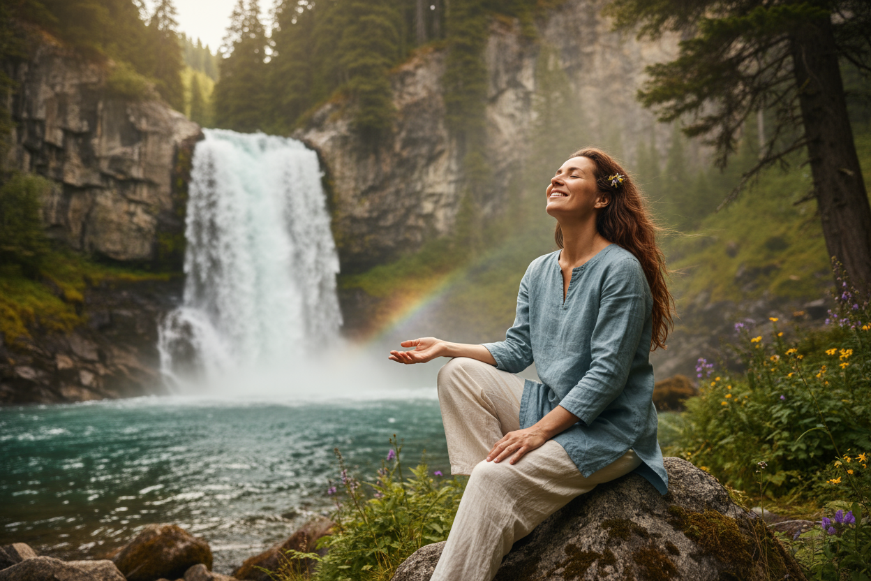 ONE WOMAN BEAUTIFULL SMILE AND RELAXED ON A MOUNTAIN CASCADE
